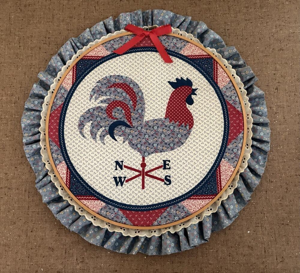 Vintage Handmade Embroidery Hoop Wall Art Rooster Vane Farmhouse Country Chic